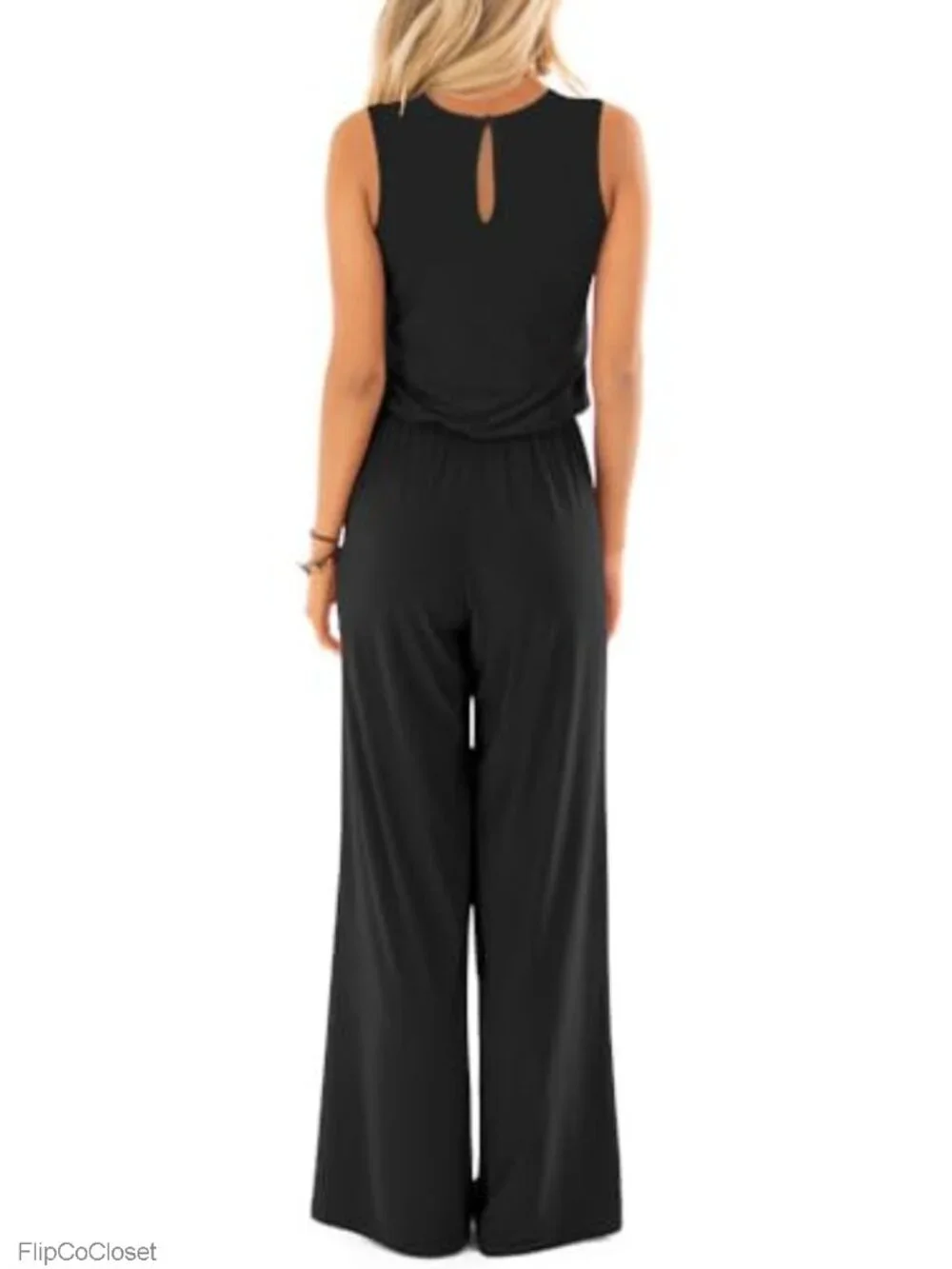 Lace Trim Sleeveless Loose Jumpsuit with Pockets, Keyhole Back, Wide Leg, Solid